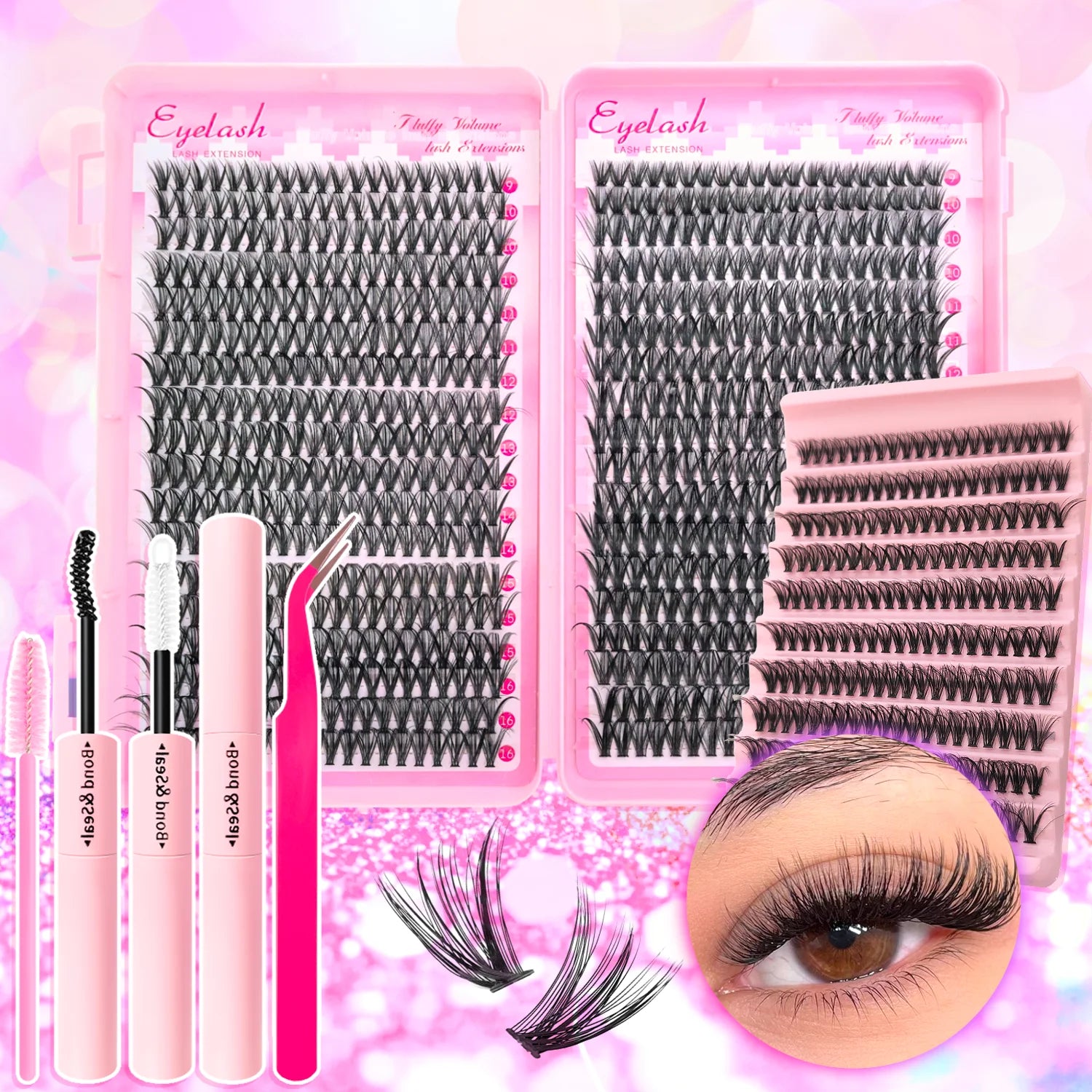 720/200Pcs Eyelash Extension Kit Fluffy Eyelash Extension Kit with Lash Bond and Seal Lash Tweezers Thick Lash Clusters Wispy