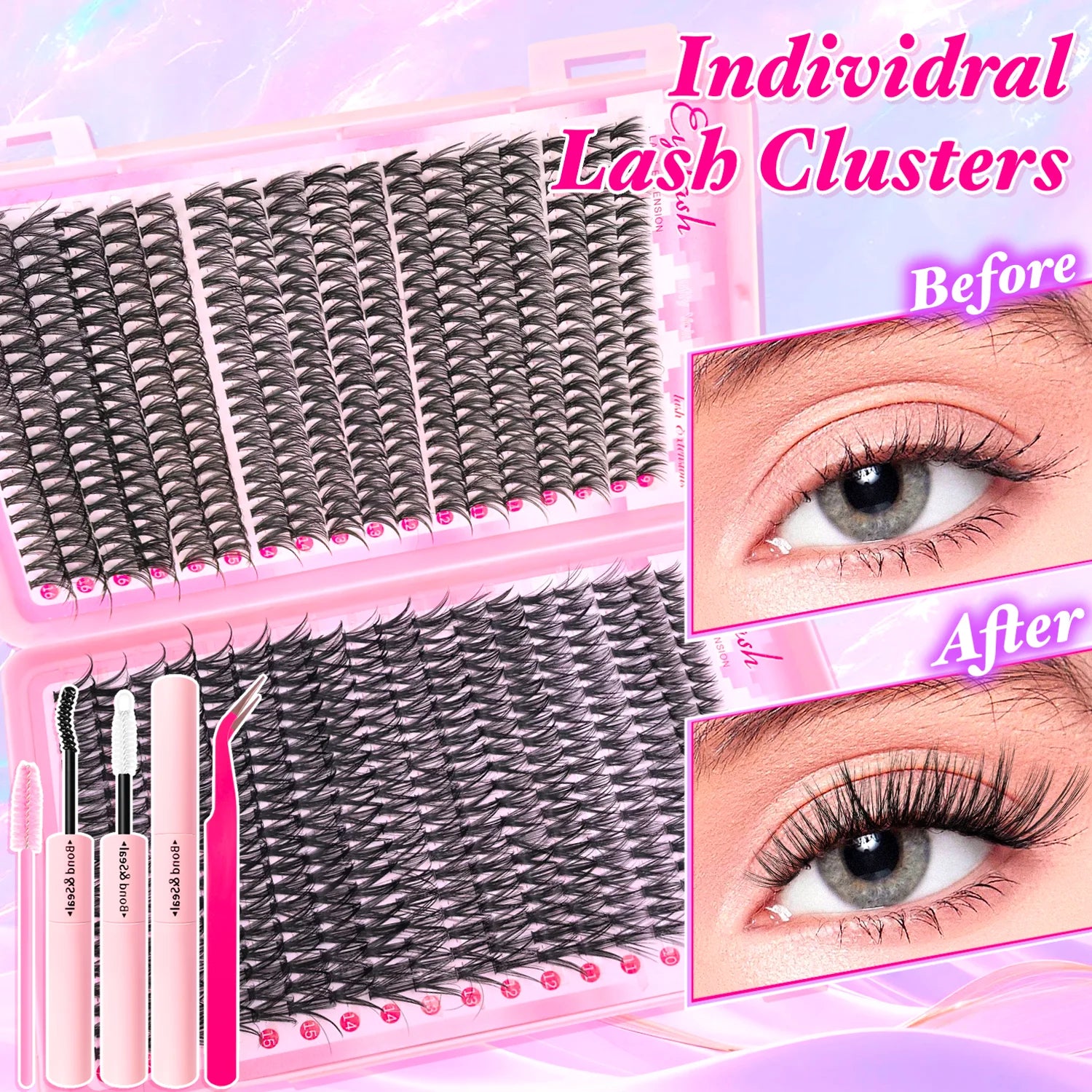 720/200Pcs Eyelash Extension Kit Fluffy Eyelash Extension Kit with Lash Bond and Seal Lash Tweezers Thick Lash Clusters Wispy