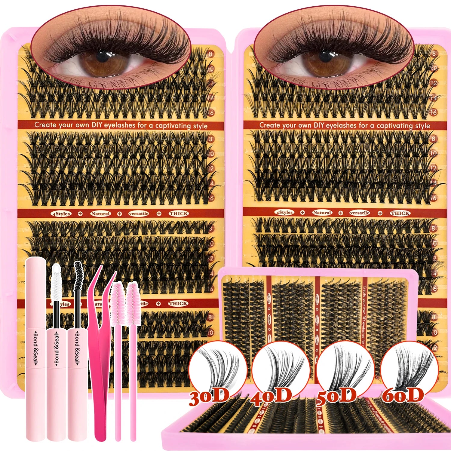 720/200Pcs Eyelash Extension Kit Fluffy Eyelash Extension Kit with Lash Bond and Seal Lash Tweezers Thick Lash Clusters Wispy