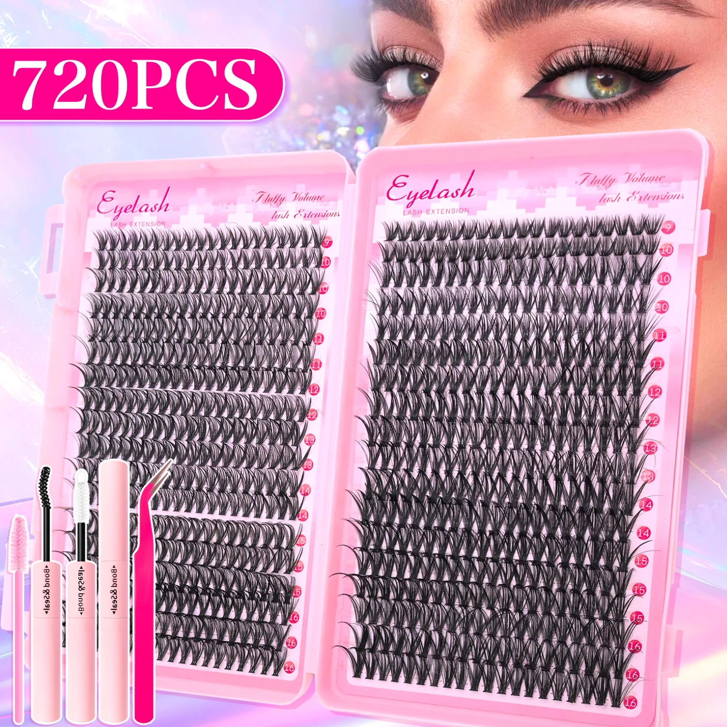 720/200Pcs Eyelash Extension Kit Fluffy Eyelash Extension Kit with Lash Bond and Seal Lash Tweezers Thick Lash Clusters Wispy