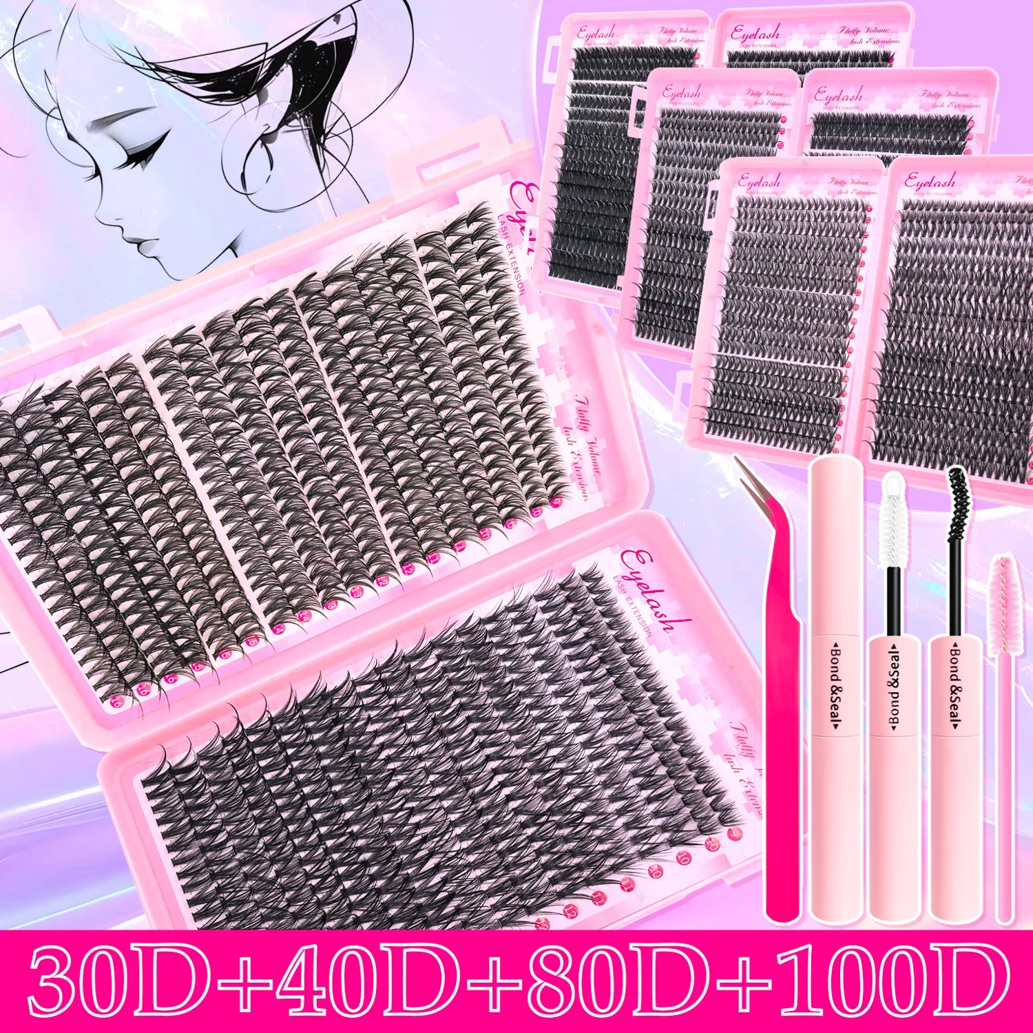 720/200Pcs Eyelash Extension Kit Fluffy Eyelash Extension Kit with Lash Bond and Seal Lash Tweezers Thick Lash Clusters Wispy