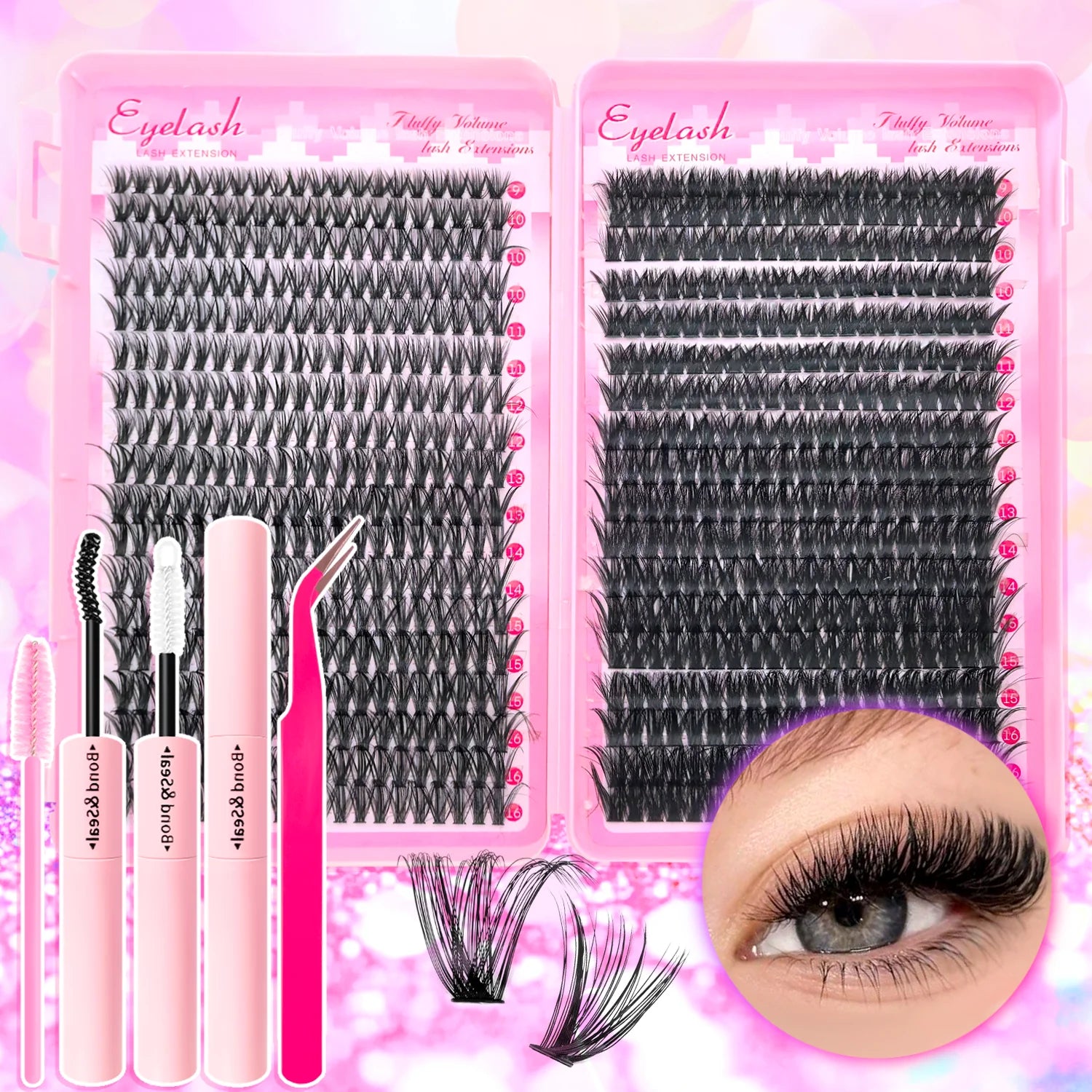 720/200Pcs Eyelash Extension Kit Fluffy Eyelash Extension Kit with Lash Bond and Seal Lash Tweezers Thick Lash Clusters Wispy